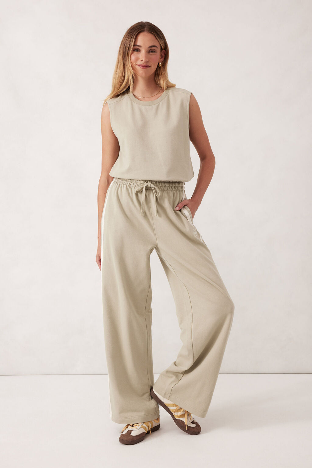 Ceres Life Wide Leg Terry Trackpant in Matcha Side Stripe