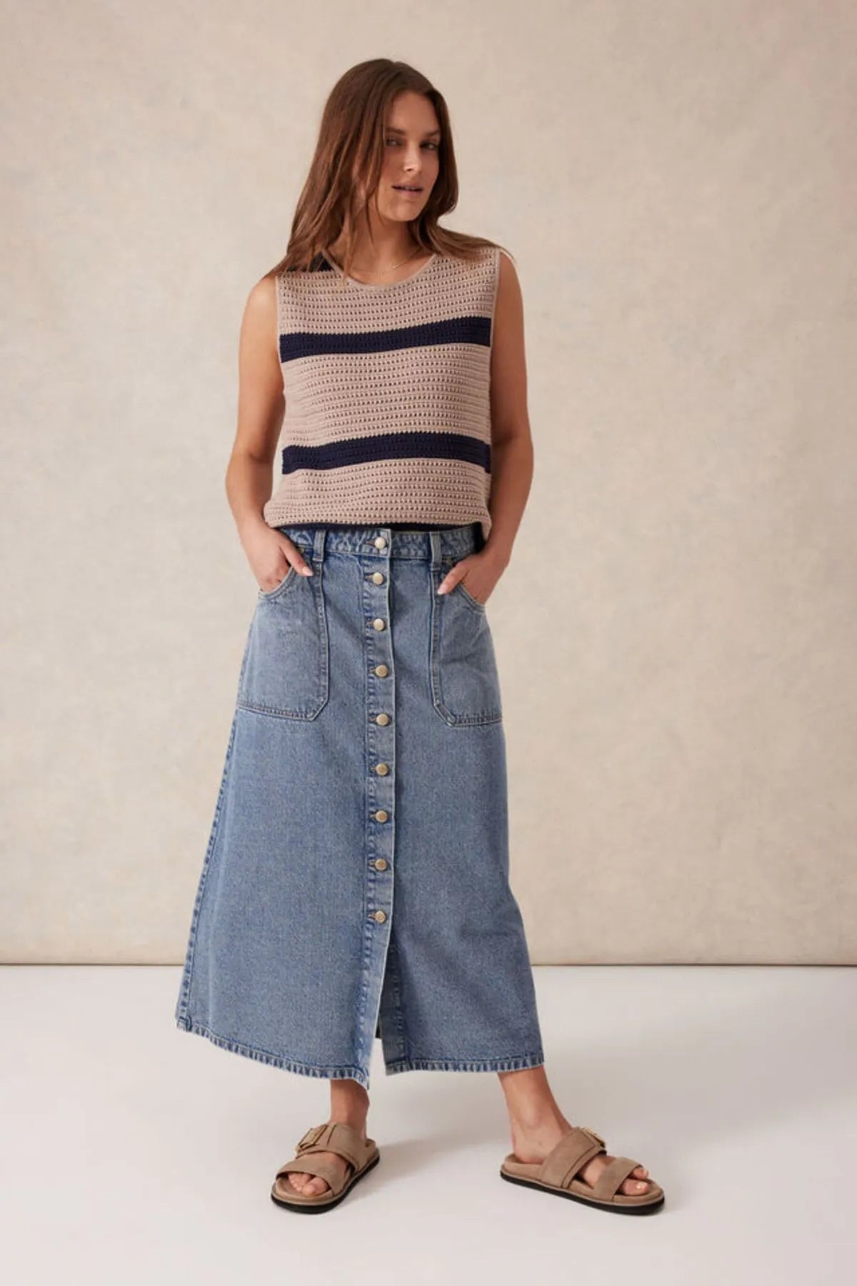 Ceres Life Button Through Denim Midi Skirt in Mid Vintage Blue