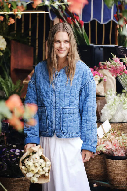 Ceres Life Comfy Quilted Boxy Jacket in Worn Denim Blue