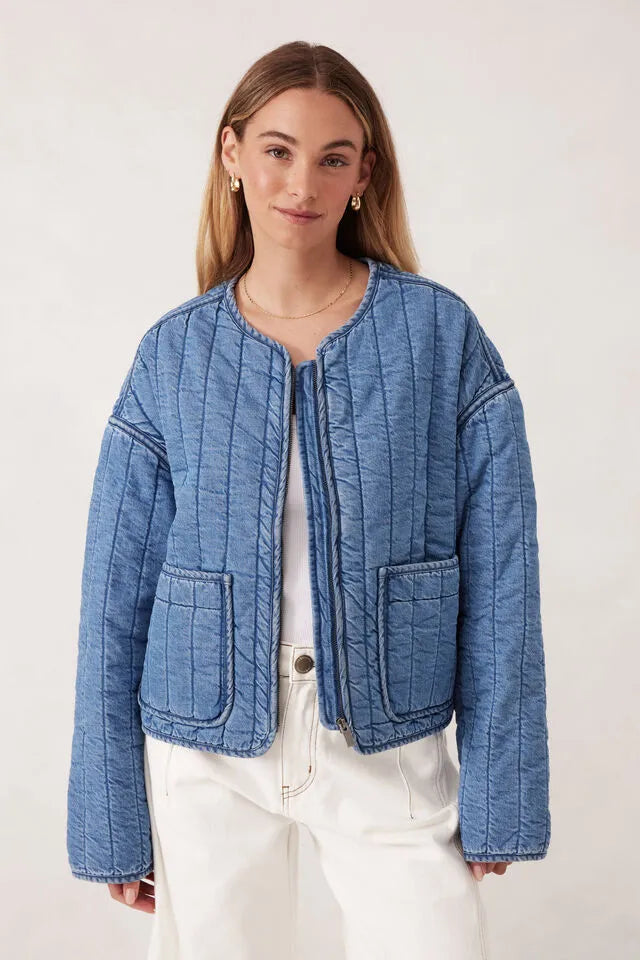 Ceres Life Comfy Quilted Boxy Jacket in Worn Denim Blue