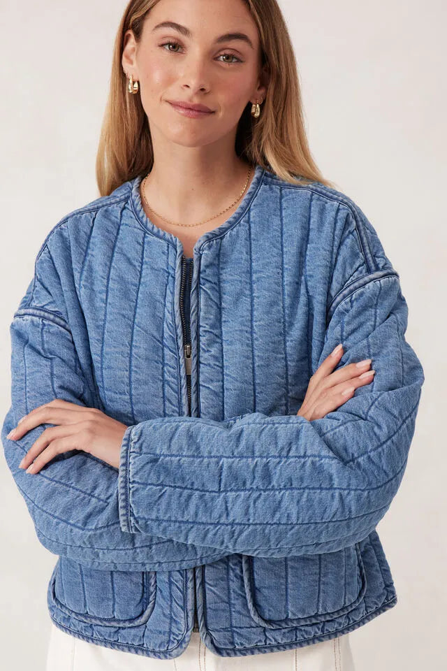 Ceres Life Comfy Quilted Boxy Jacket in Worn Denim Blue