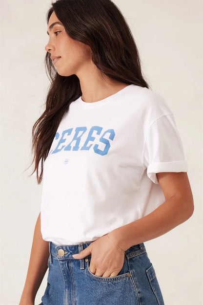 Ceres Life Slouchy Split Hem Tee in White with Ceres Varcity in Pool Blue