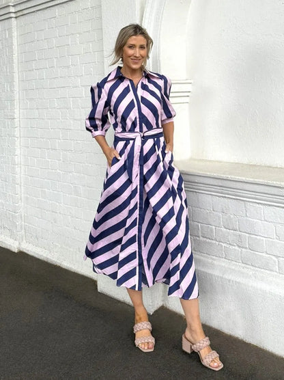 Bianca Dress Navy and Pink Stripe