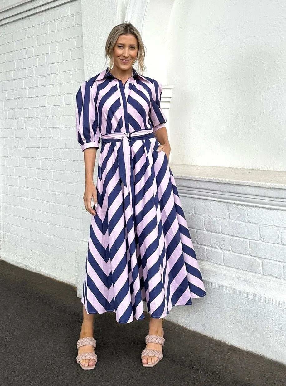 Bianca Dress Navy and Pink Stripe