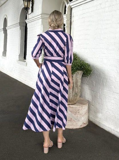 Bianca Dress Navy and Pink Stripe