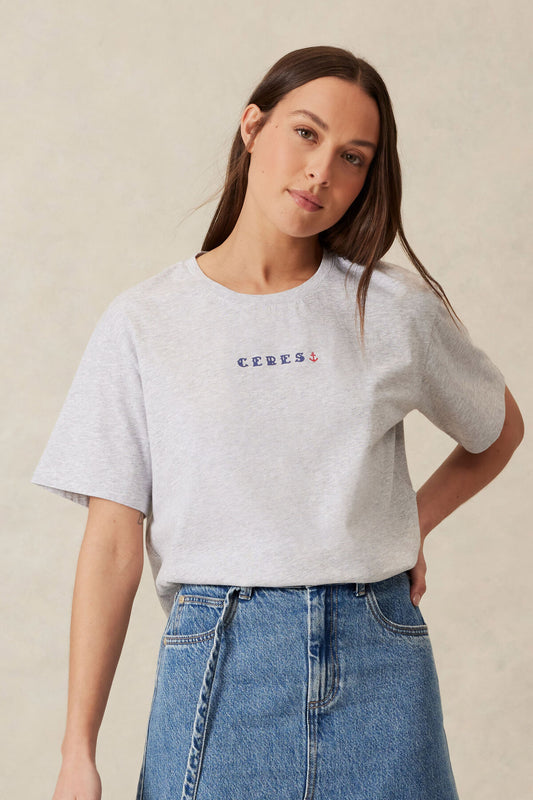 Ceres Life Slouchy Split Hem Tee - Ceres Anchor Print in grey marle