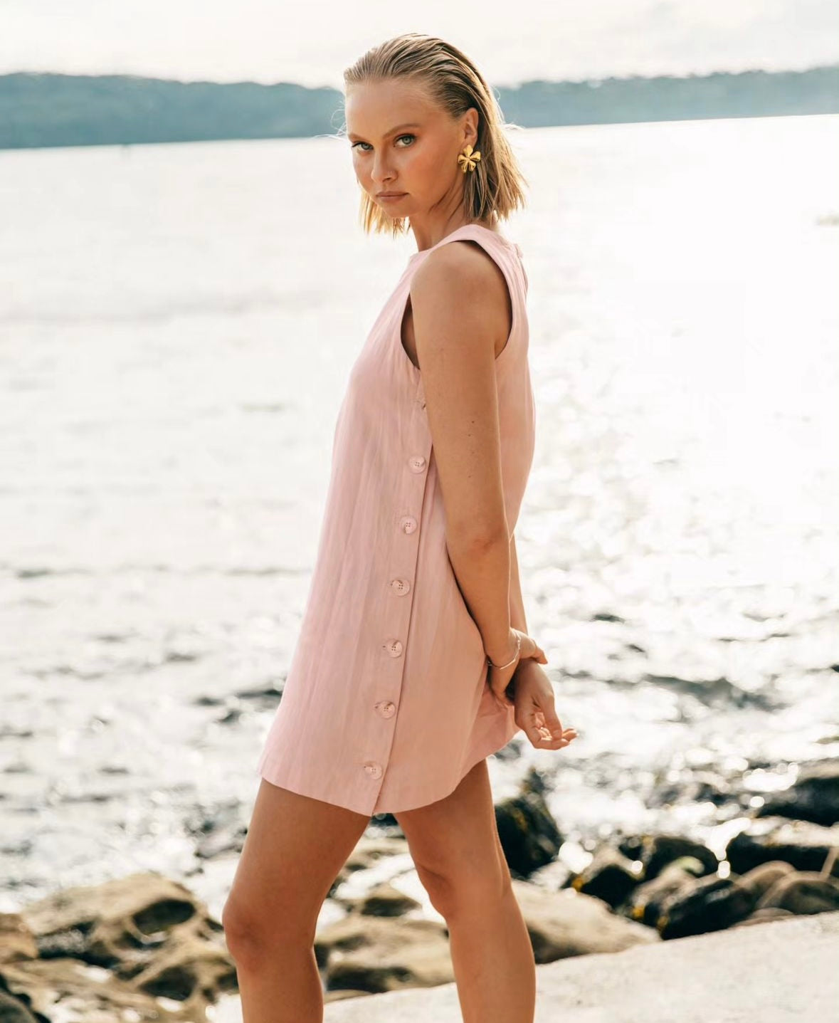 Cathy Side Button Mini Dress in Pink