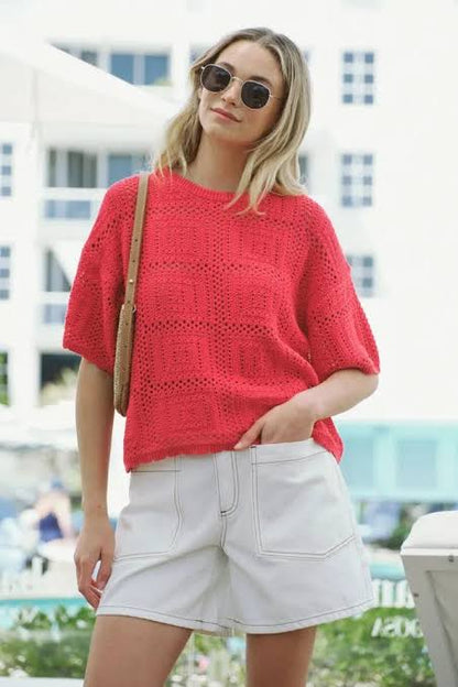 Ceres Life Short Sleeve Boxy Knit Tee in Heritage Red