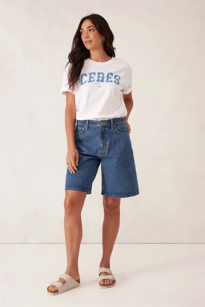 Ceres Life Slouchy Split Hem Tee in White with Ceres Varcity in Pool Blue