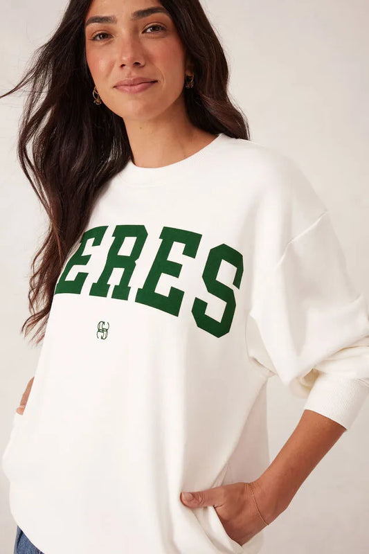 Ceres Life Slouchy Crew in Warm White with Green Logo