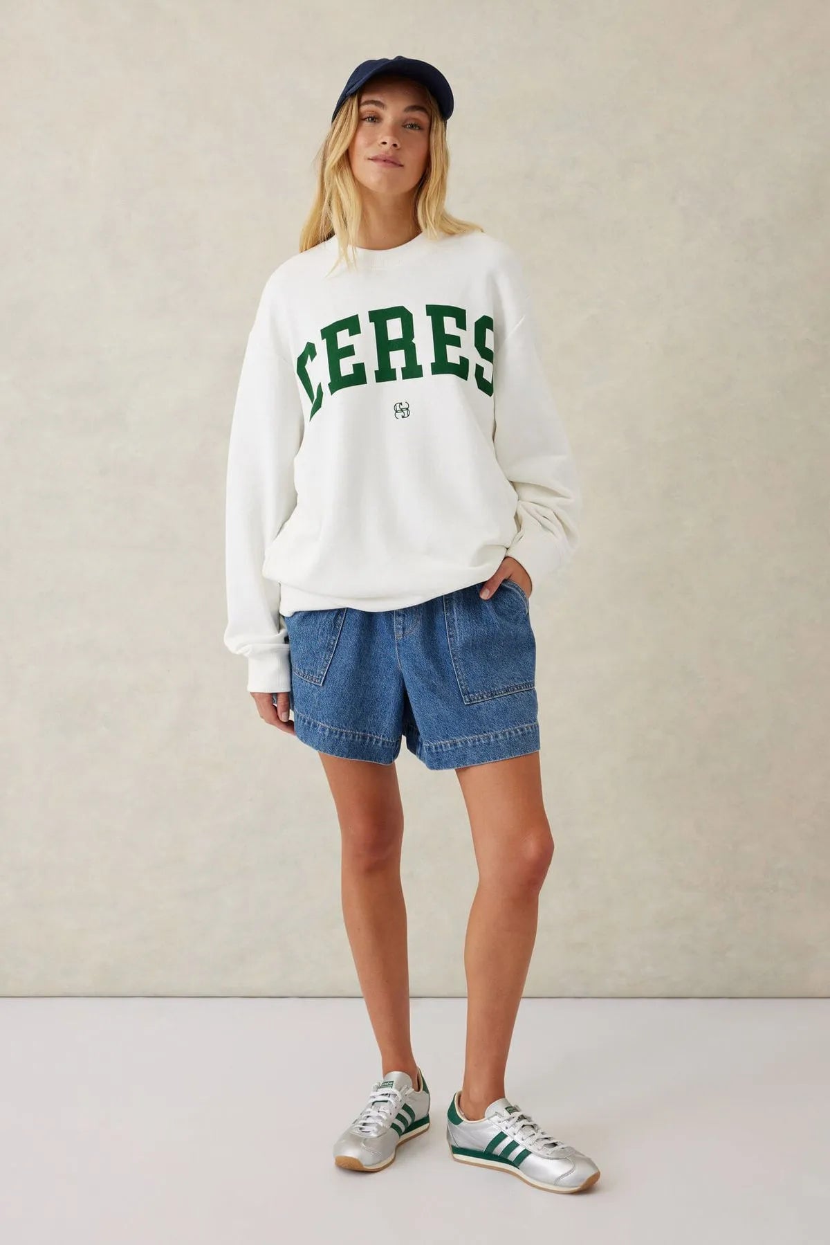 Ceres Life Slouchy Crew in Warm White with Green Logo