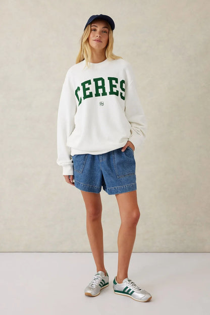 Ceres Life Slouchy Crew in Warm White with Green Logo