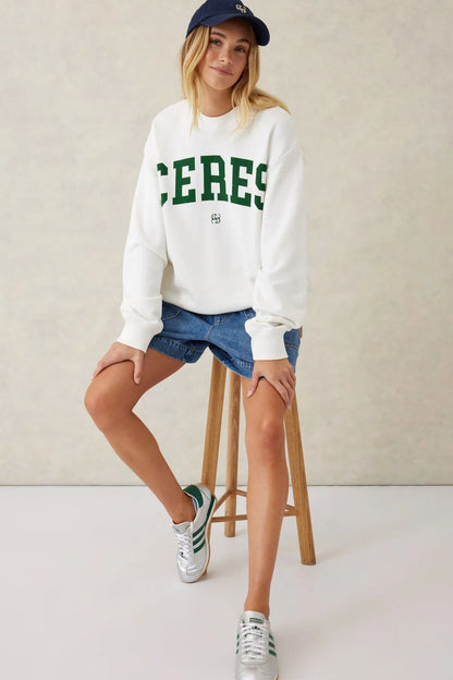 Ceres Life Slouchy Crew in Warm White with Green Logo