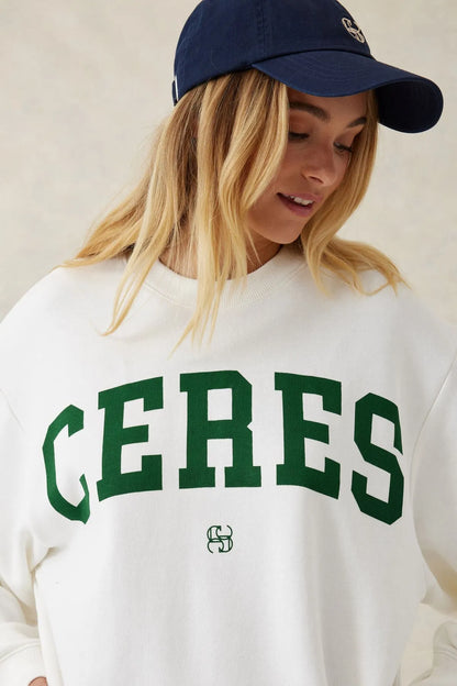 Ceres Life Slouchy Crew in Warm White with Green Logo