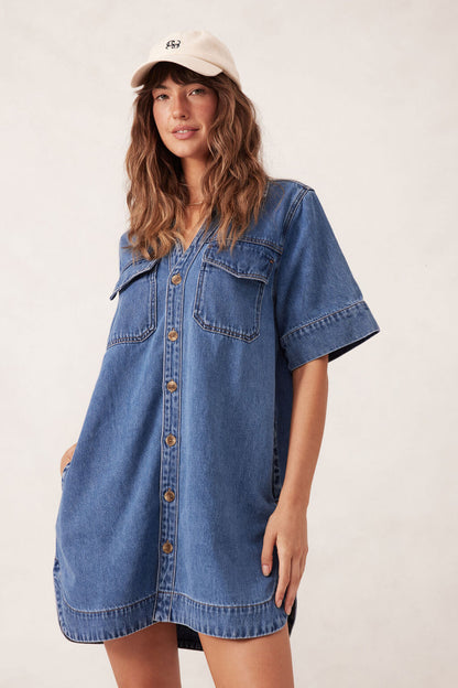 Ceres Life Relaxed Shirt Dress in Fresh Indigo