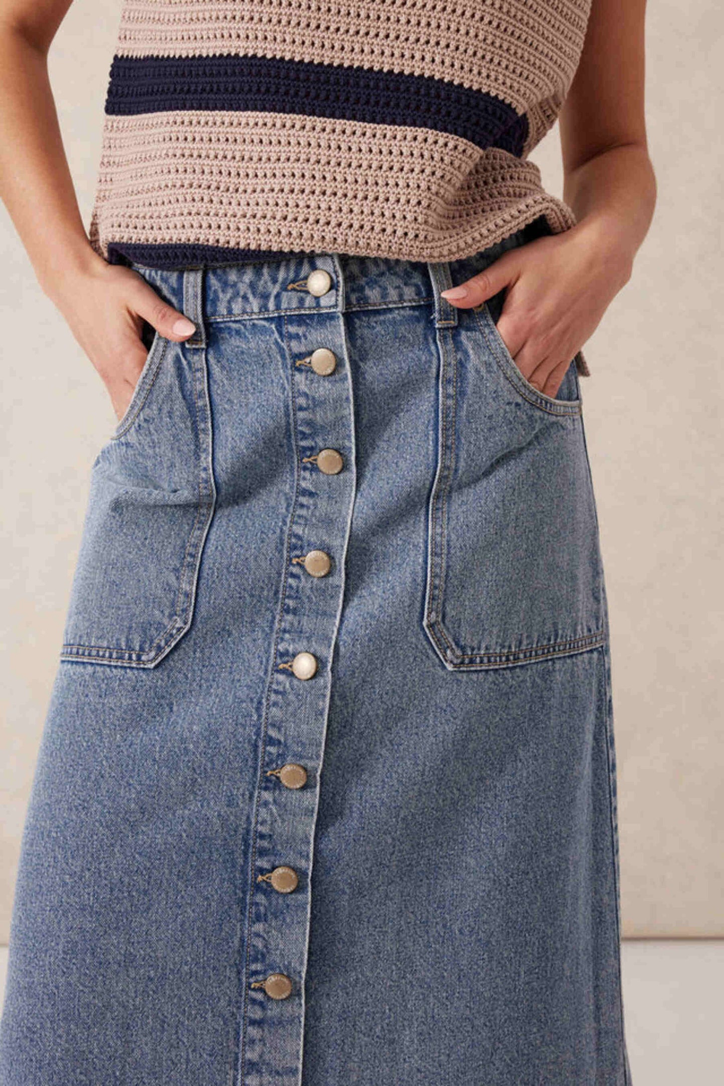 Ceres Life Button Through Denim Midi Skirt in Mid Vintage Blue