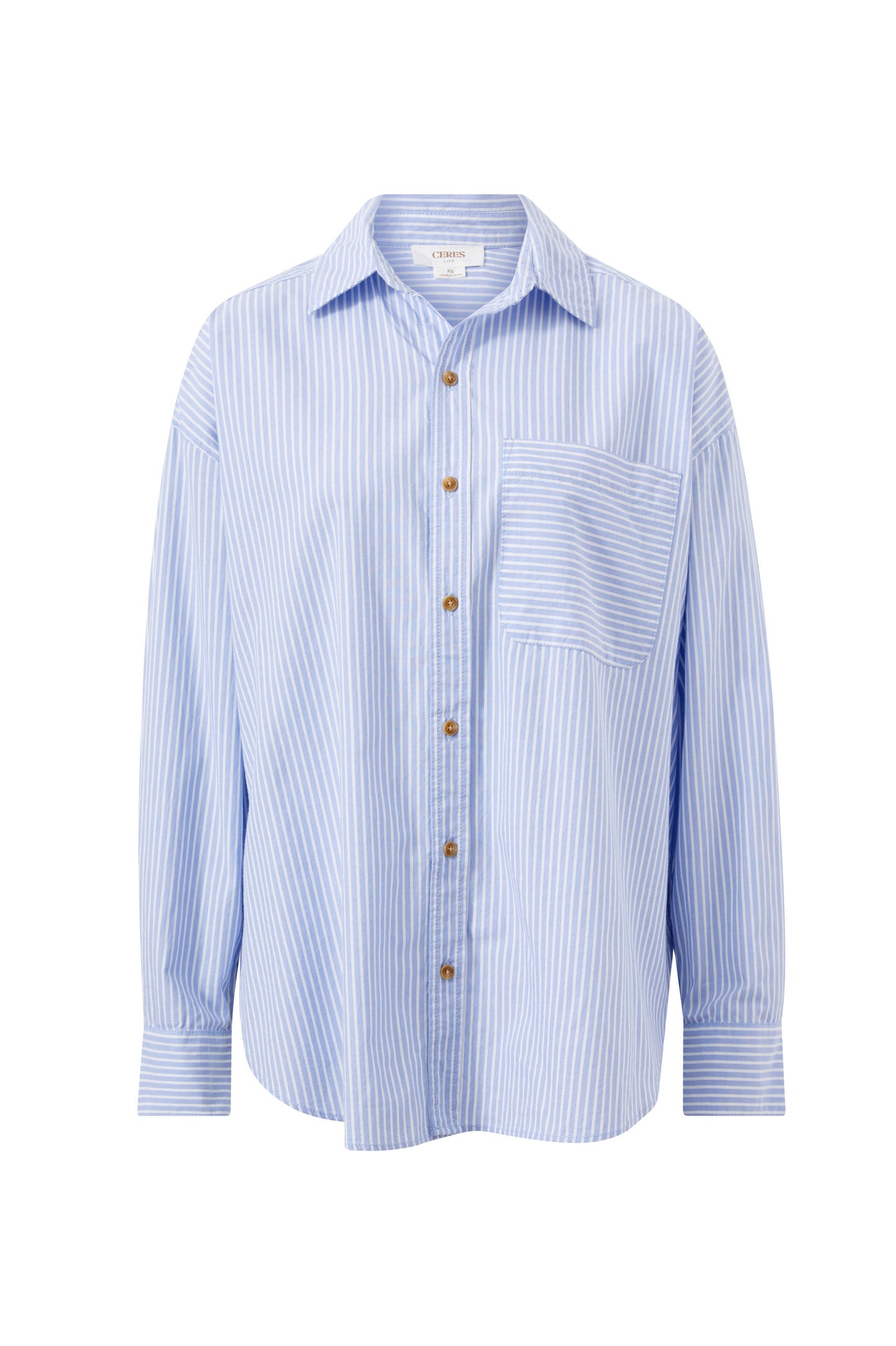 Ceres Life Oversized Poplin Shirt in White with Heritage Blue Stripe