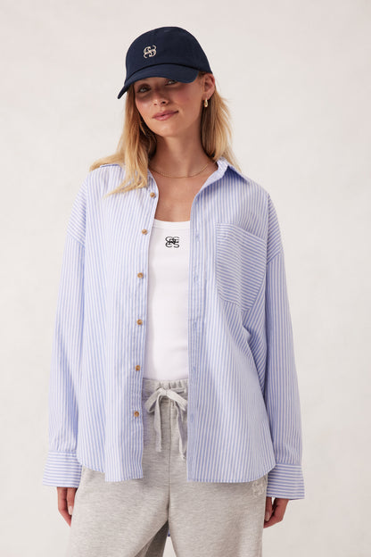 Ceres Life Oversized Poplin Shirt in White with Heritage Blue Stripe