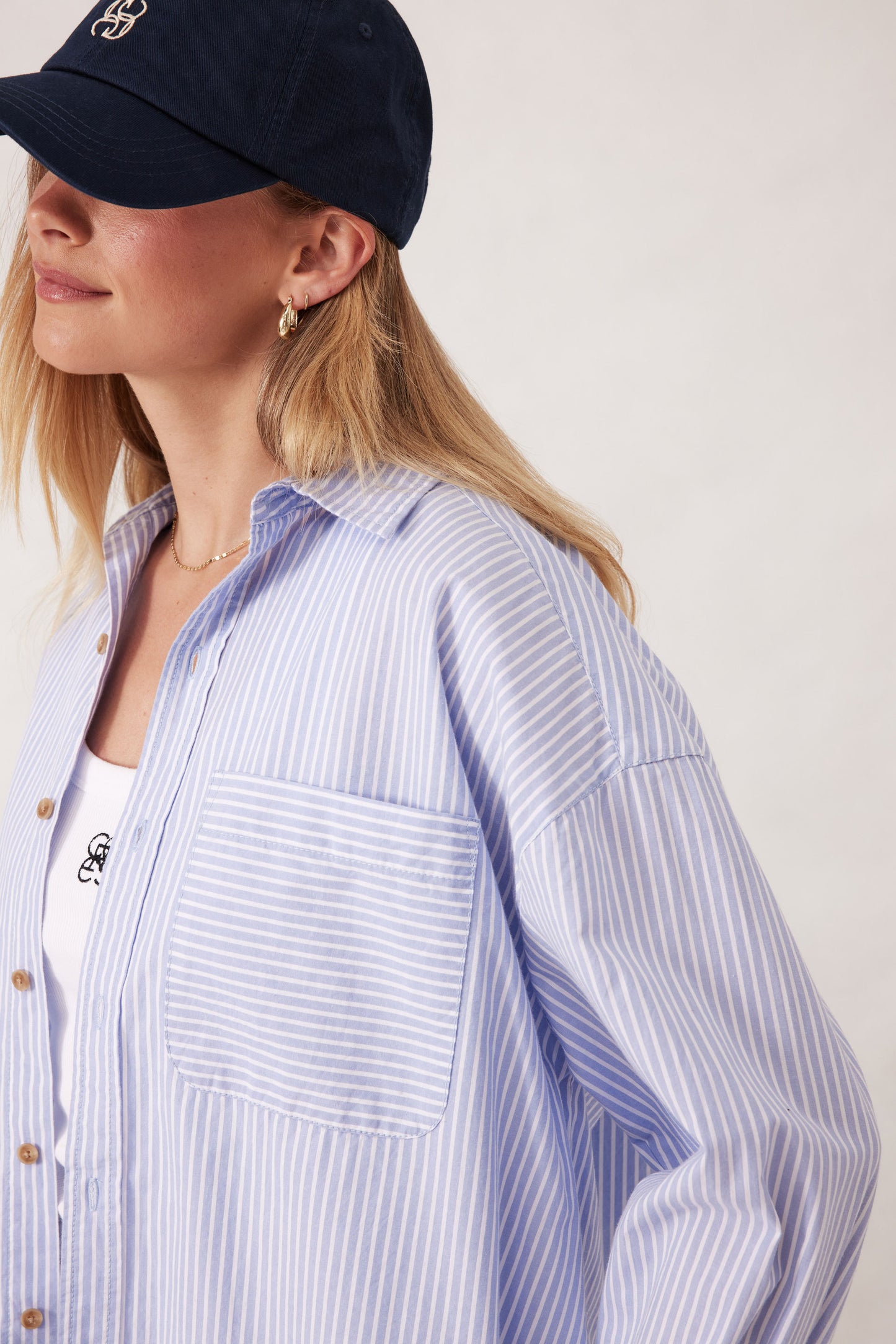 Ceres Life Oversized Poplin Shirt in White with Heritage Blue Stripe