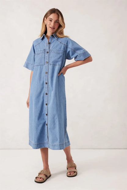 Ceres Life Short Sleeve Yoke Detail Midi Dress in Vintage Blue